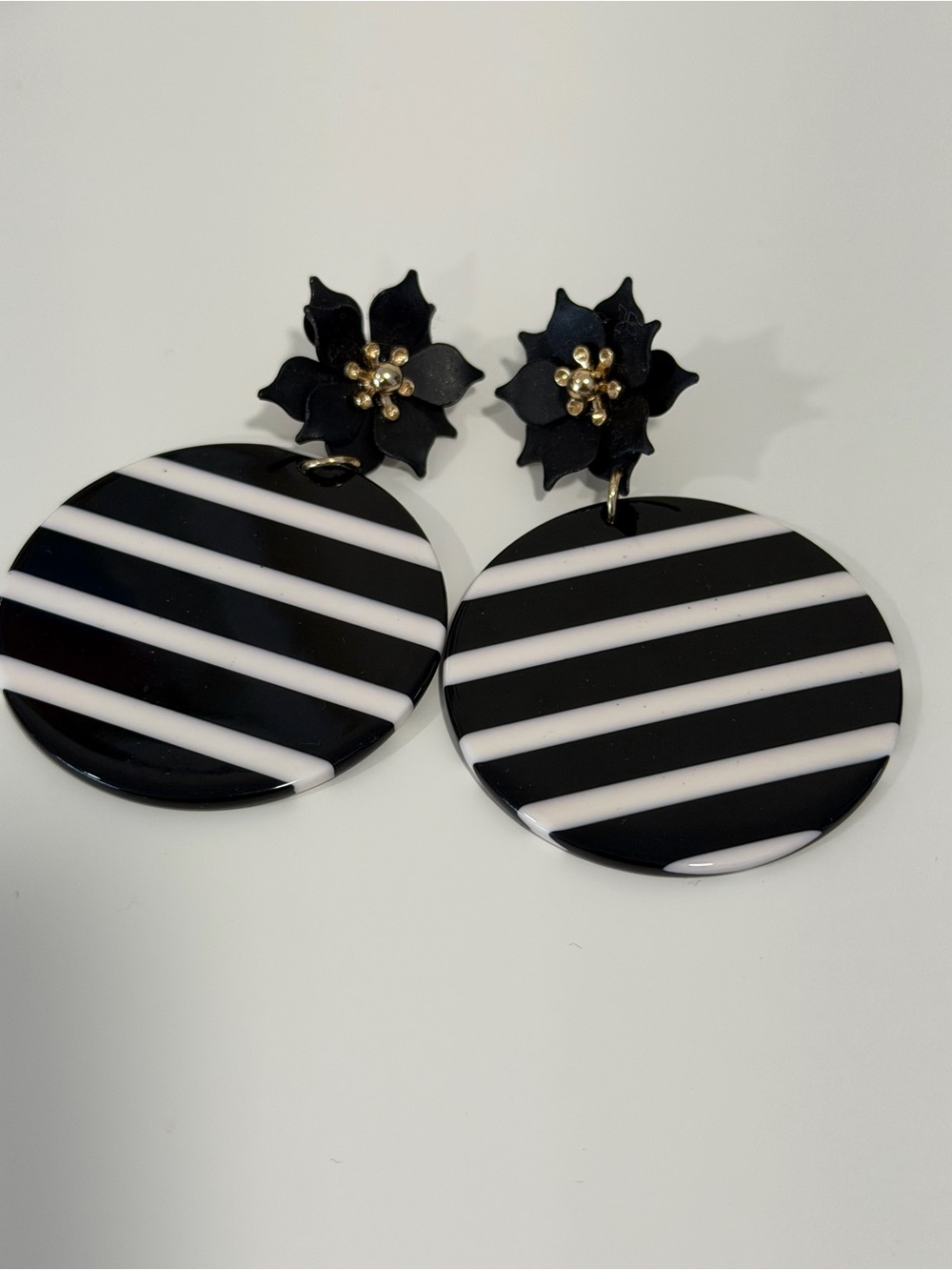 Black & White Striped Floral Drop Earrings - Women Jewelry